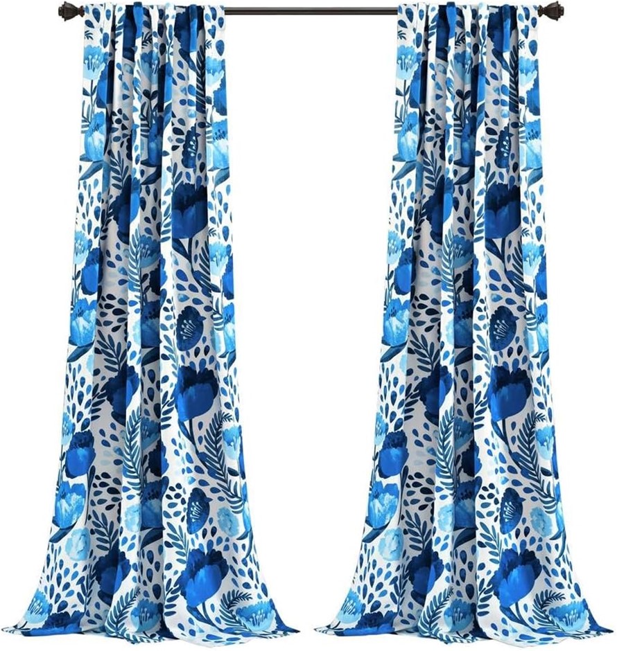 LUSH DECOR x 52", Blue Poppy Garden Curtains Light Filtering Window Set fo