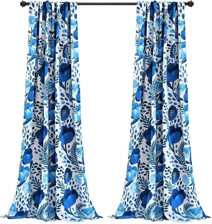 LUSH DECOR 84" x 52", Blue Poppy Garden Curtains Light Filtering Window Se