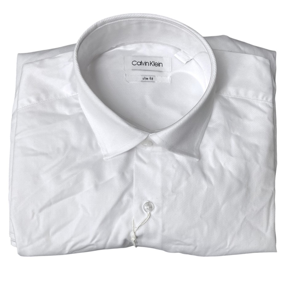 CALVIN KLEIN Men's Slim Diagonal Twill Shirt, Size 39/86, Cotton, White (RW
