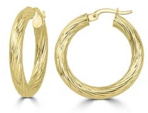 9K Yellow Gold TEXTURED HOLLOW HOOPS 20mm