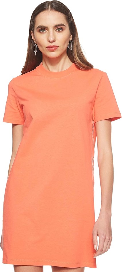 CALVIN KLEIN Jeans Women's Tape Logo T-Shirt Dress, Hot Coral, Small