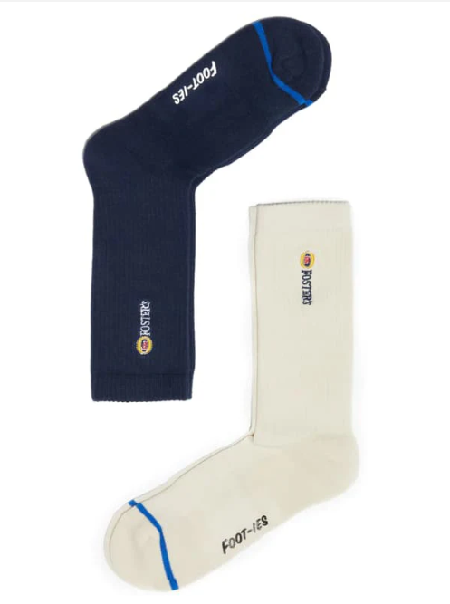 FOSTERS by FOOT-IES Beer Vertical Embroidery 2 Pack Socks, Navy & Cream, Si