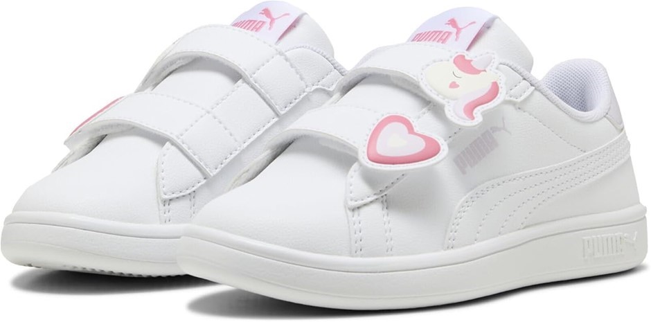 PUMA Women's Puma Smash 3.0 Badges Velcro Pre-School Sneaker, White-Passion