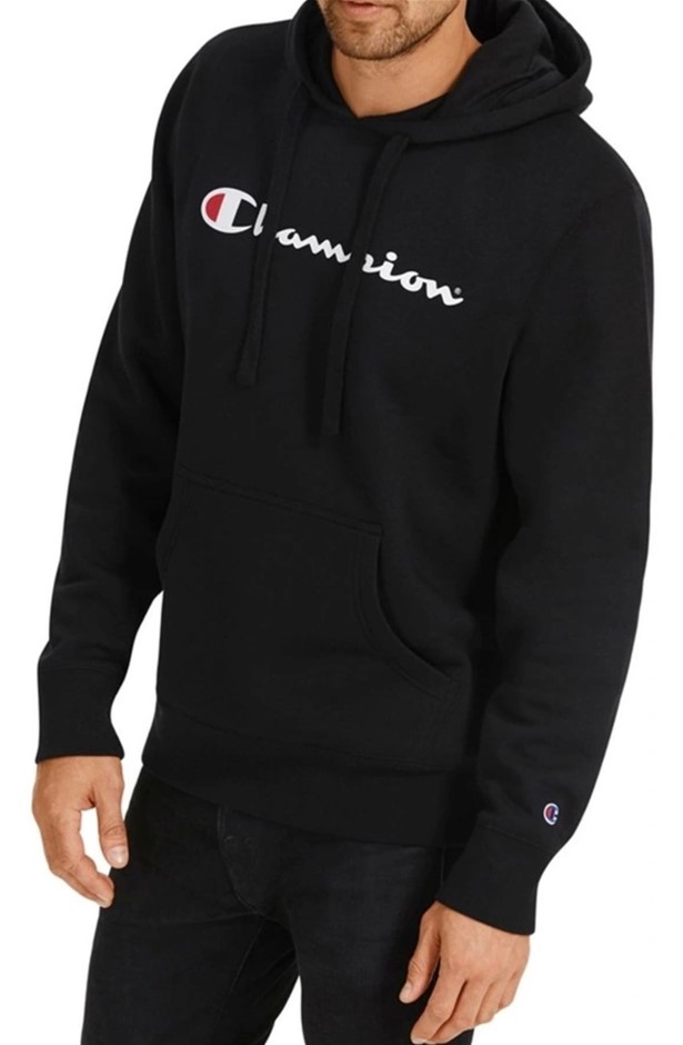 CHAMPION Men's Script Hoodie, Size L, Cotton, Black, AY79G. Buyers Note -