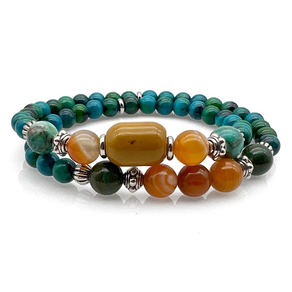 Men's 2 Row Mookaite, Apatite, Jasper & Stripey Agate Bracelet