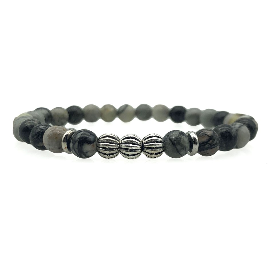 Men's 6mm Grey Stripey Agate with Silver Ribbed Beads Bracelet