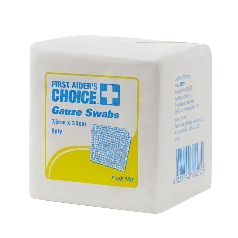 Box of 100 Packs FIRST AIDER'S CHOICE Gauze Swabs, 7.5cm x 7.5cm, 8ply (100
