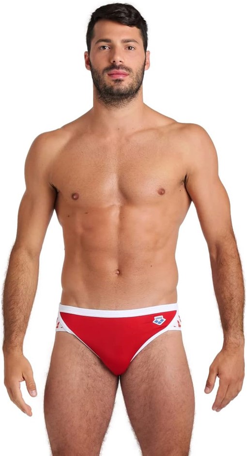 arena Men's Standard Icons Swim Briefs Solid Swimsuit, Red/White, 32