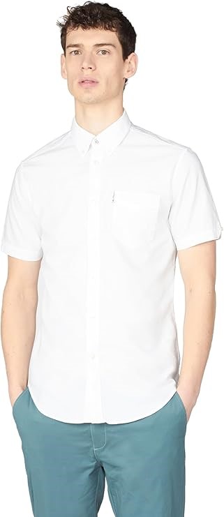 Ben Sherman Men's Short Sleeve Signature Oxford Shirt, White, Large