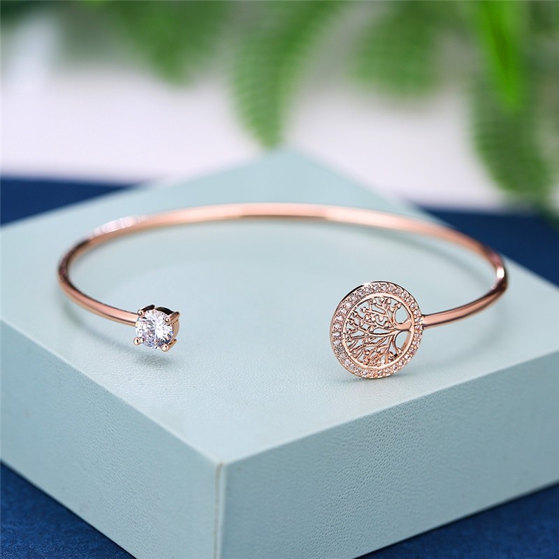 Simulated Diamond "Tree of Life" Cuff Bangle - Rose