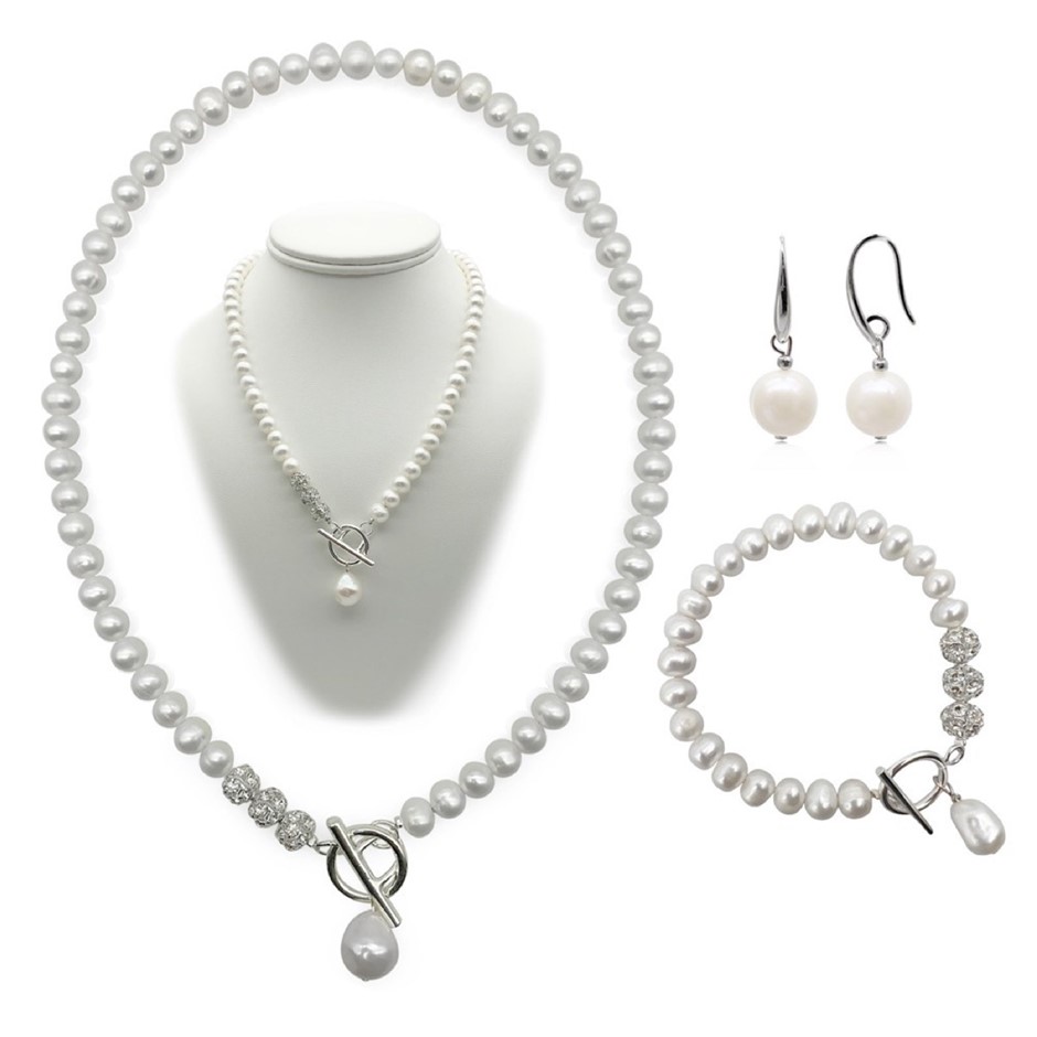 7-8mm Potato & Baroque Pearl 'O' Toggle & Rhinestones Jewellerys Set