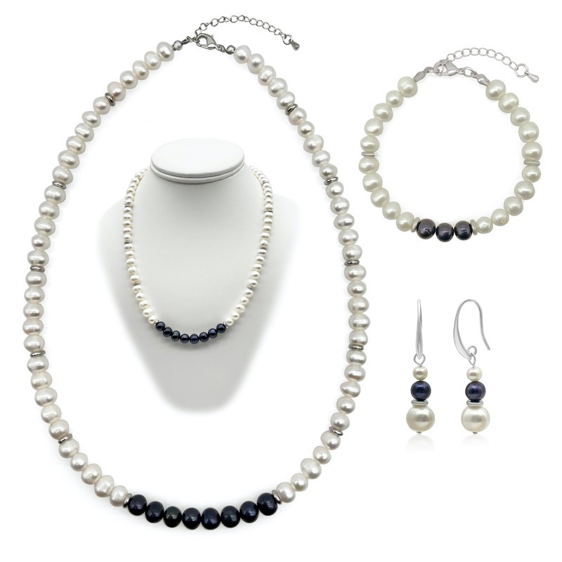 Luxury 7-8mm White & Black Pearl Real Platinum Plated Jewellery Set