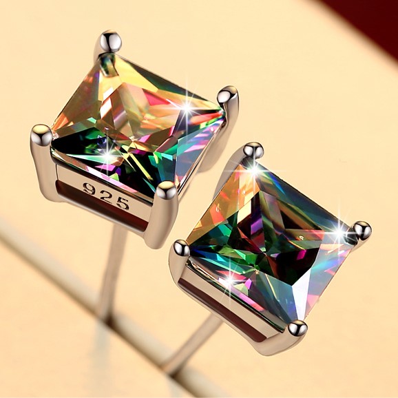 Designer 5mm Square Rainbow Stone Earrings in Silver
