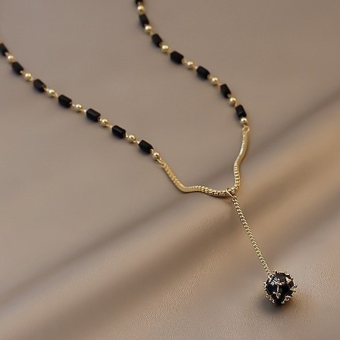 Designer Gold & Black Beaded Dainty Necklace with Round Drop Pendant