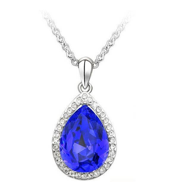 Designer Simulated Diamond Blue Teardrop Pendant Necklace in Silver