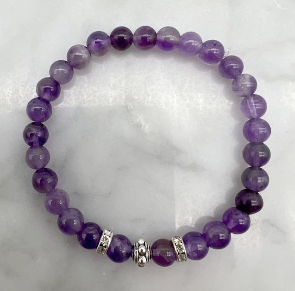6mm Amethyst & Rhinestone Stretch Beaded Bracelet