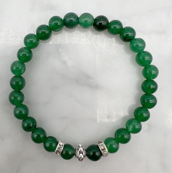 6mm Green Aventurine & Rhinestone Stretch Beaded Bracelet