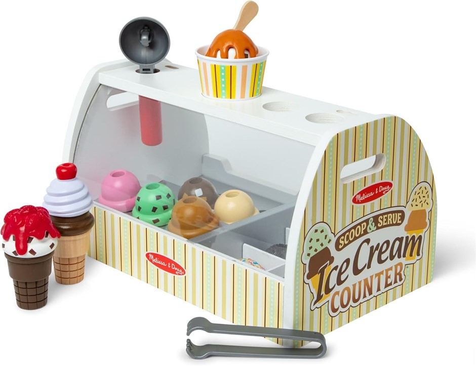 MELISSA & DOUG Scoop & Serve Ice Cream Counter – 28-Piece Wooden Pretend Pl