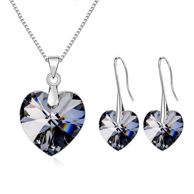 Designer Black Love heart Necklace & Earring Set in Silver