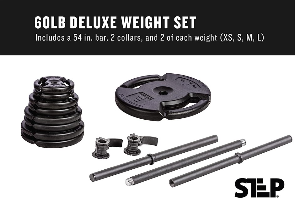 STEP FITNESS 4-Weight Deluxe Barbell Set, 60LB. NB: Damaged Box, Missing 2