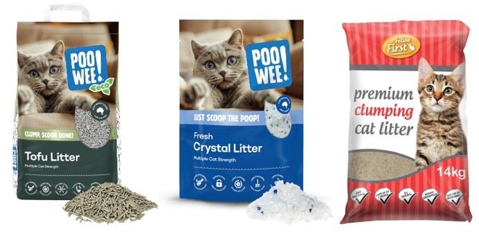 3 x Assorted Cat Litters Including FELINE First Organic Clumping Cat Litter