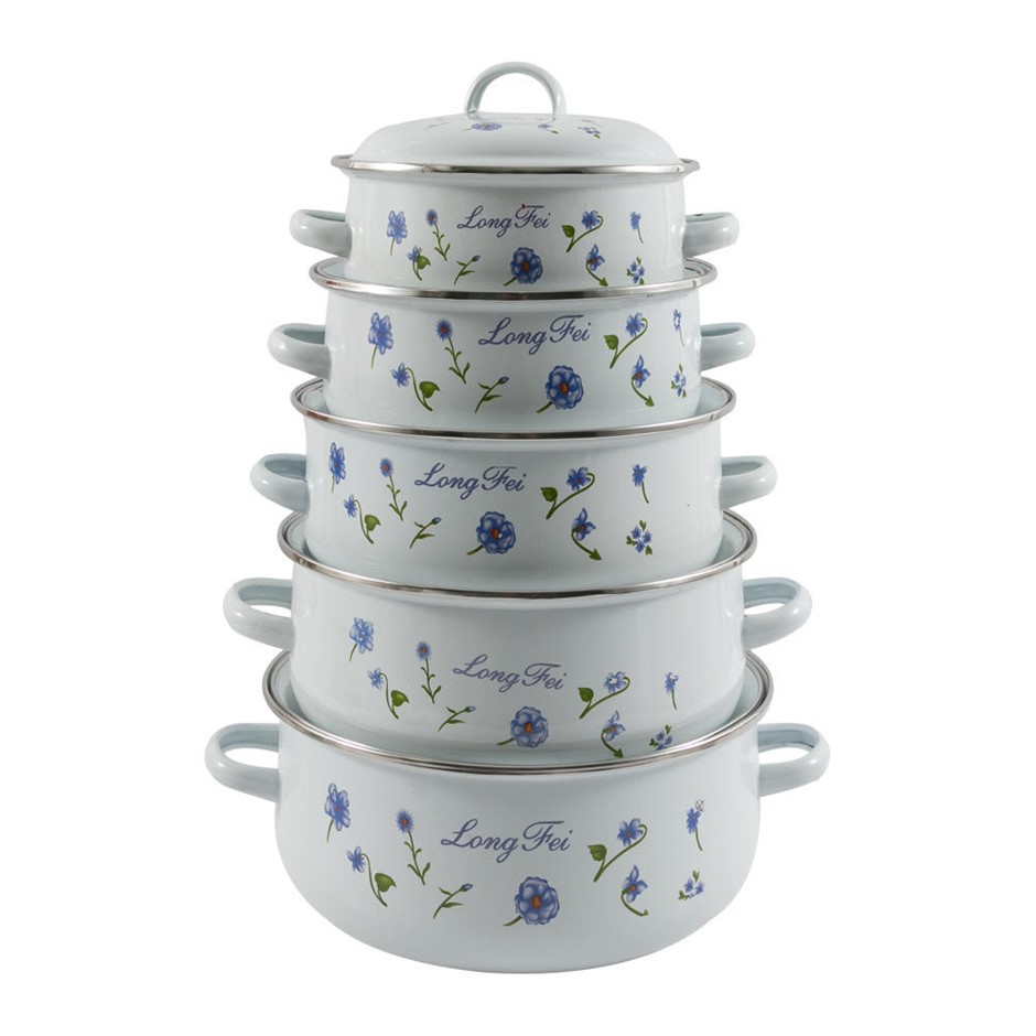 5pc LONG FEI Enamel Casserole Pot Set w/ Lids, White/Blue Floral, 675D.