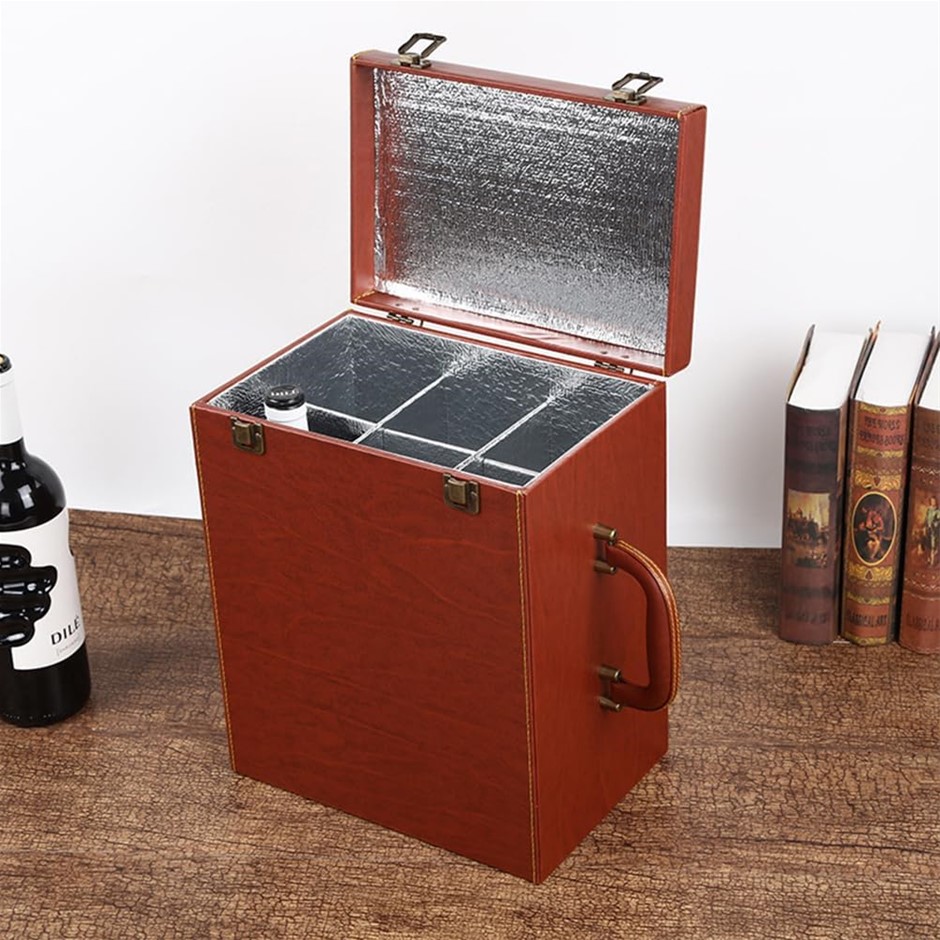 ALANES Portable PU 6 Grids Wine Bottle Box Carrier With Top Handle, Brown.