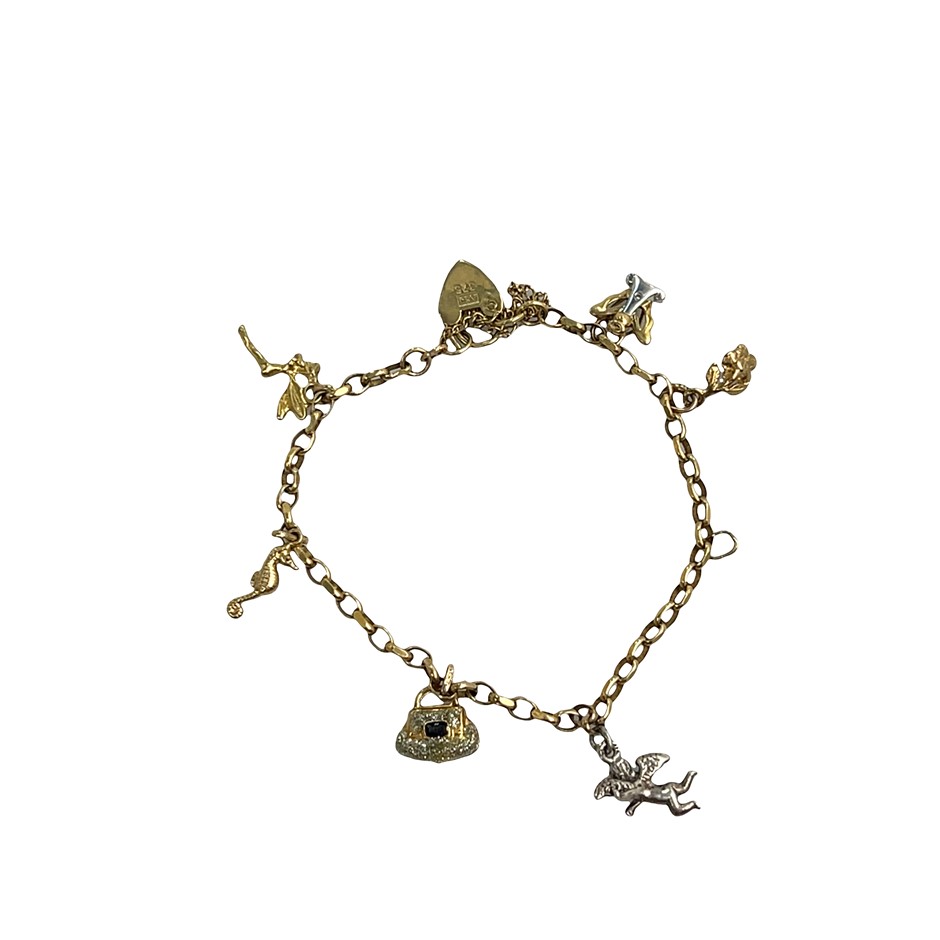 9ct Yellow Gold Belcher Link Charm Bracelet & Heart Locket & Safety Chain