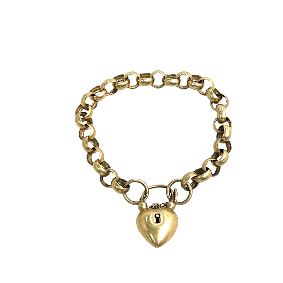 9ct Yellow Gold Belcher Link bracelet with Heart Locket & Safety Chain