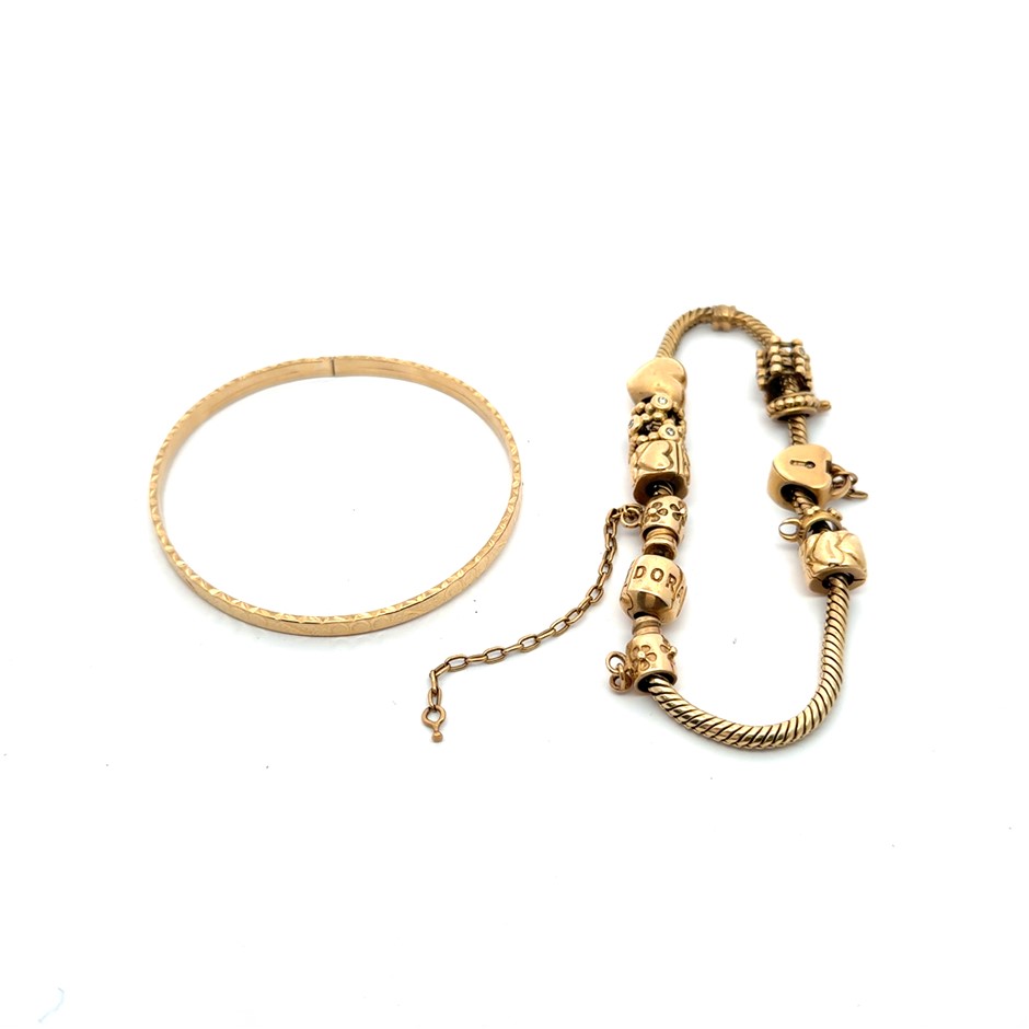 14ct Yellow Gold PANDORA 8 Charm Bracelet & 14ct Yellow Gold Bangle 