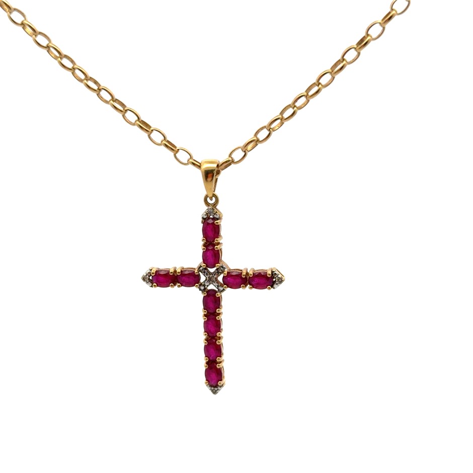 9ct Yellow Gold Diamond & Synthetic Ruby Cross Pendant on a Belcher Link