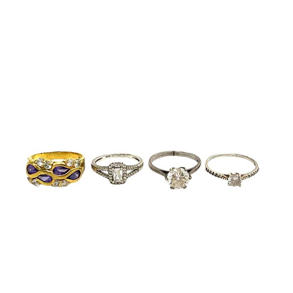 3x Sterling Silver Cubic Zirconia Rings & 1 x Costume Gold Plate Ring