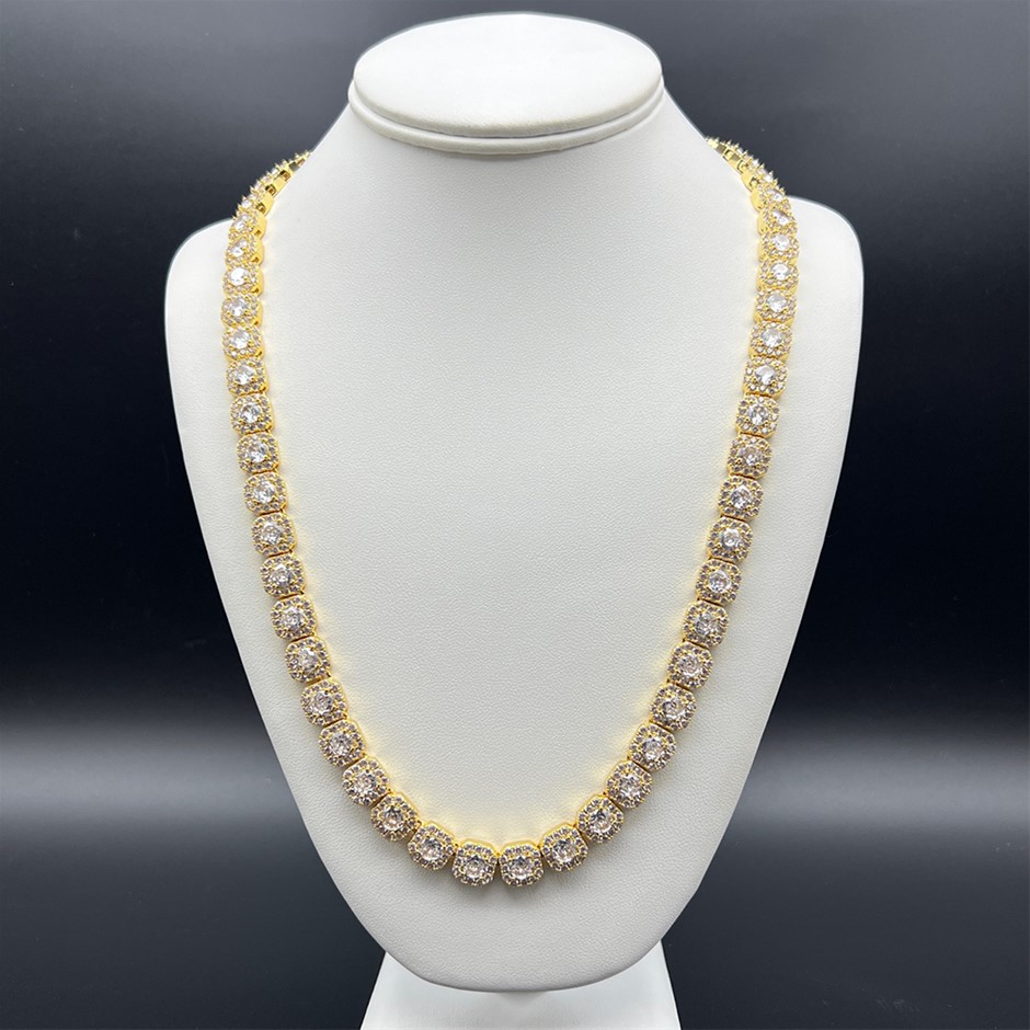 18K Gold - Filled Clustered Necklace Simulated Diamonds, 12MM Wide - 60.9cm