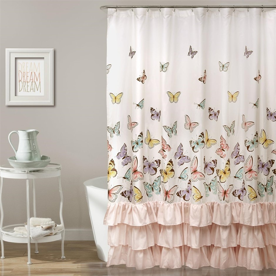 LUSH DECOR Flutter Butterfly Shower Curtain | Textured Ruffle Print Fabric