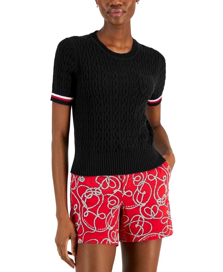 TOMMY HILFIGER Women's Short Sleeve Sweater, Size S, 100% Cotton, Black (00