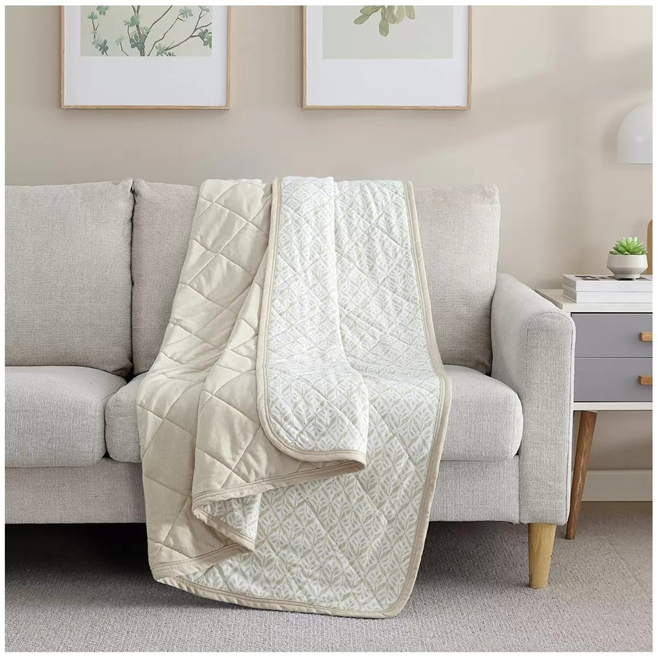 SUTTON PLACE Reversible Cooling Throw, 152cm x 177cm, Natural Beige Leaves.