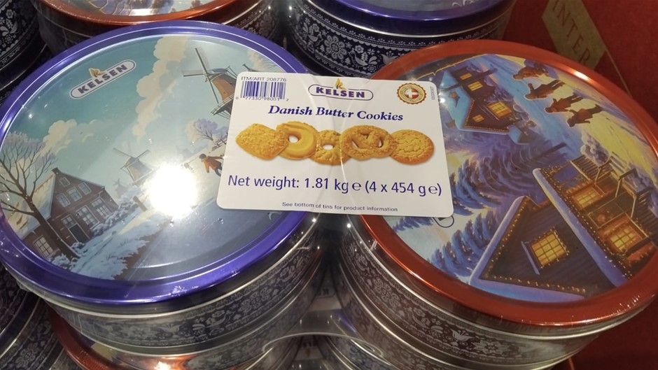 3 x KELSEN Danish Butter Cookies, 1.81kg. NB: All tins are dented & red ver