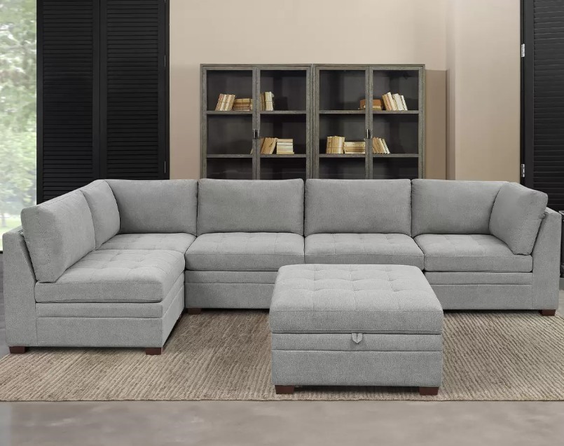 THOMASVILLE Modular Fabric Sectional, 6 Piece, Grey. NB: Minor use, not in