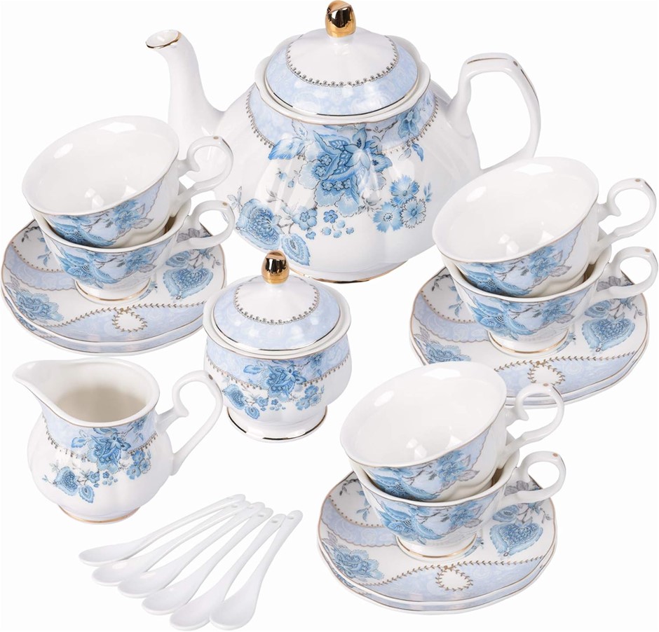 FANQUARE Blue Flowers Porcelain Tea Set, 20 Pieces Only