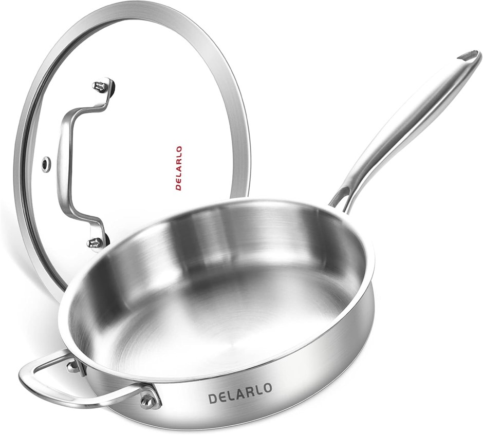 DELARLO Tri-Ply Stainless Steel 10 Inch Frying Pan 3 Quart Saute Pan, Skill