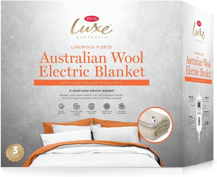 TONTINE Luxe Australian Wool Multizone Electric Blanket, Single – 9 Heat Se