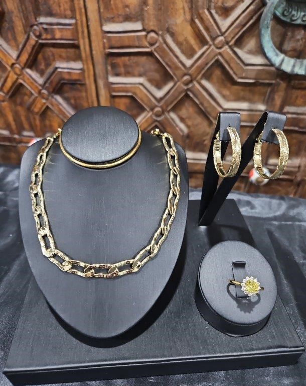 3pcs x 18K/Italy Stamped Yellow Gold Filled Chain & Ring & Earring