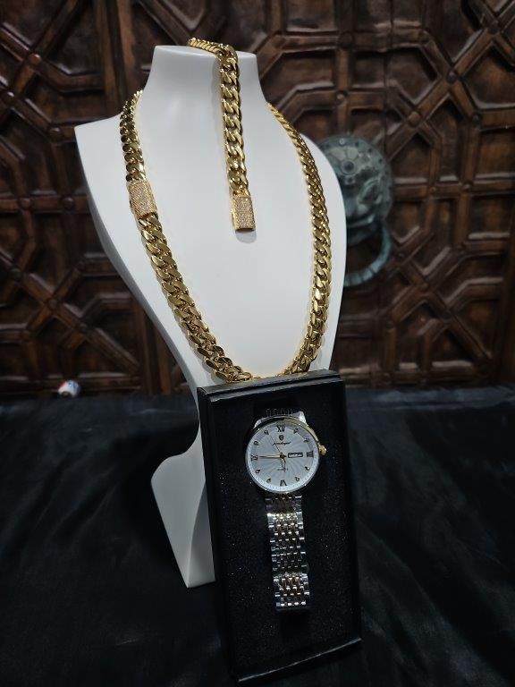 3pcs x 18K/Italy Stamped Yellow Gold Filled Chain & Bracelet & Watch-