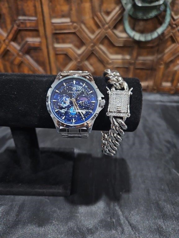 2pcs x 18K/Italy Stamped White Gold Filled Bracelet & Watch-