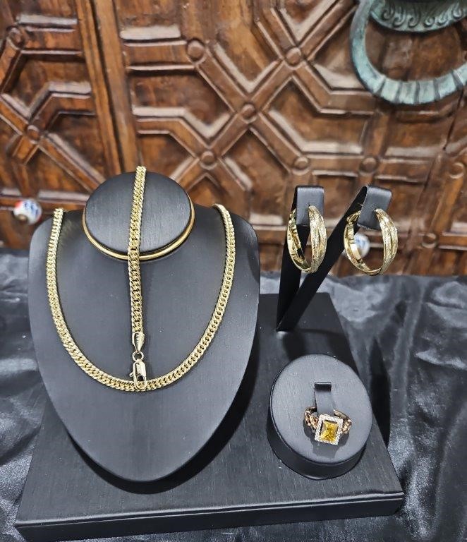 4pcs x 18K/Italy Yellow Gold Filled Chain & Ring & Earring , Bracelet