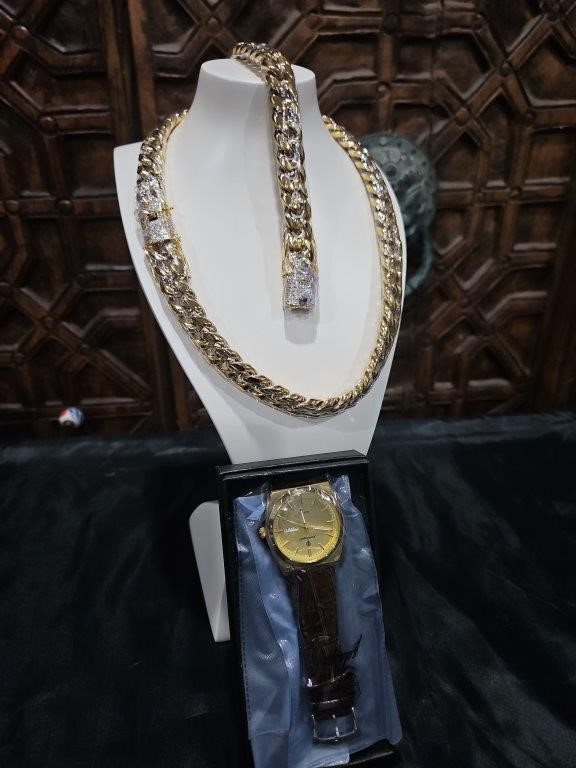 3pcs x 18K/Italy Stamped Yellow Gold Filled Chain & Bracelet & Watch-