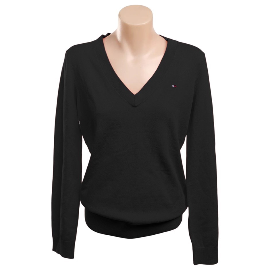 TOMMY HILFIGER Women's LIC Ivy V-Neck Sweater, Size S, 65% Cotton, Deep Bla
