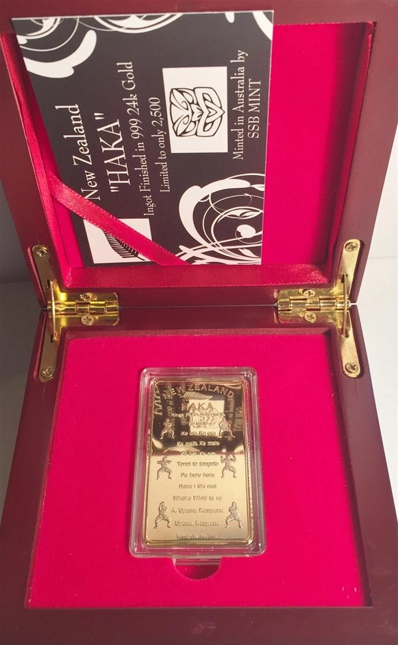 NEW ZEALAND "HAKA" 1 Oz Ingot HGE 999 Gold Wood Display  LTD 2,500
