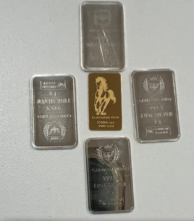 1/100 Scottdale gold bar & 1g Germania Mint Silver Bar x 4
