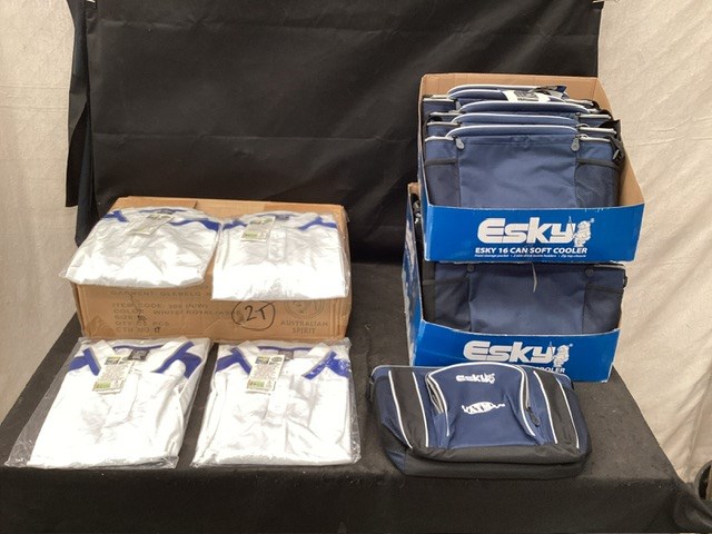 <p>3Boxes Containing Esky Cooler Bags White And Blue Polo Shirts </p>